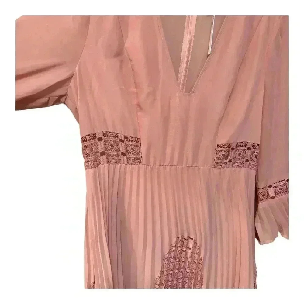 ASOS NWT Rose Pink Lace, Ruffle, Pleating Details Long Sleeve Midi Dress - Picture 6 of 15